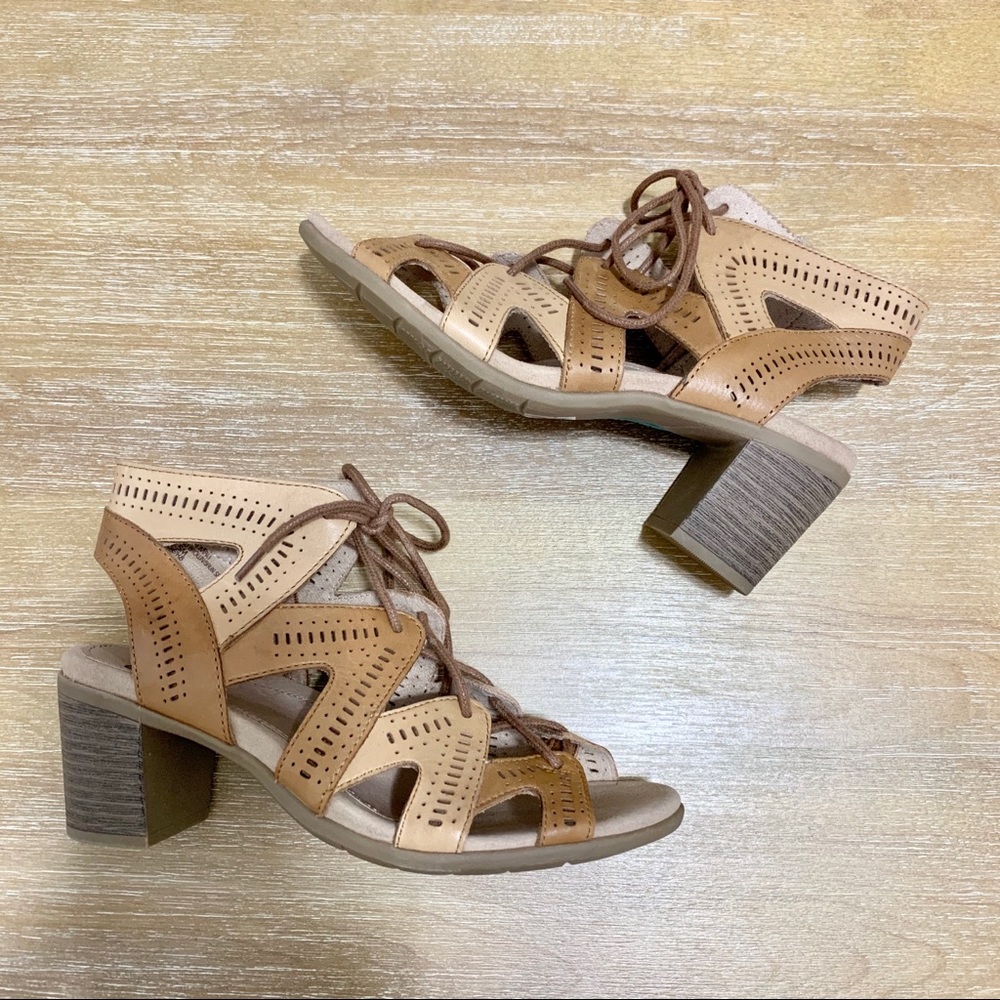 Earth Tan and Brown Lace-Up Block Heel Sandals